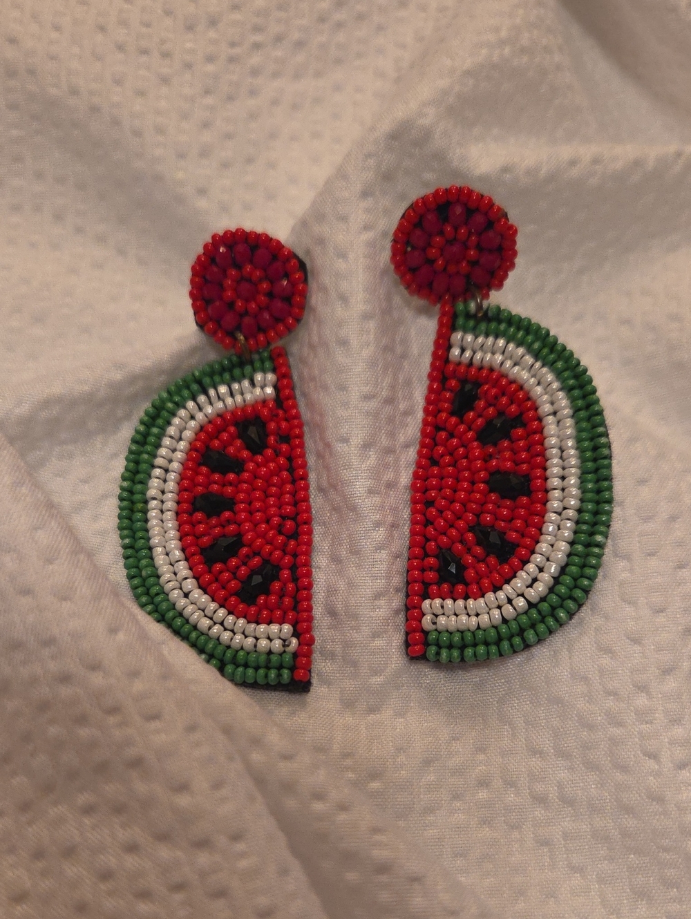 Beaded Watermelon Slice Drop Earrings - Red & Green